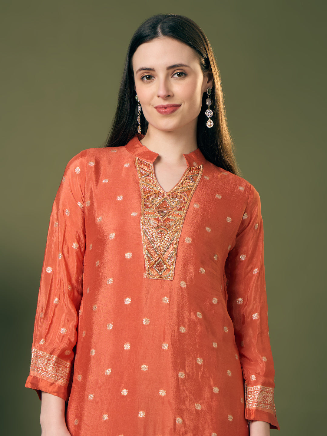 Festive Solid Floral Woven A-Line Kurta with Flared Palazzo - Peach