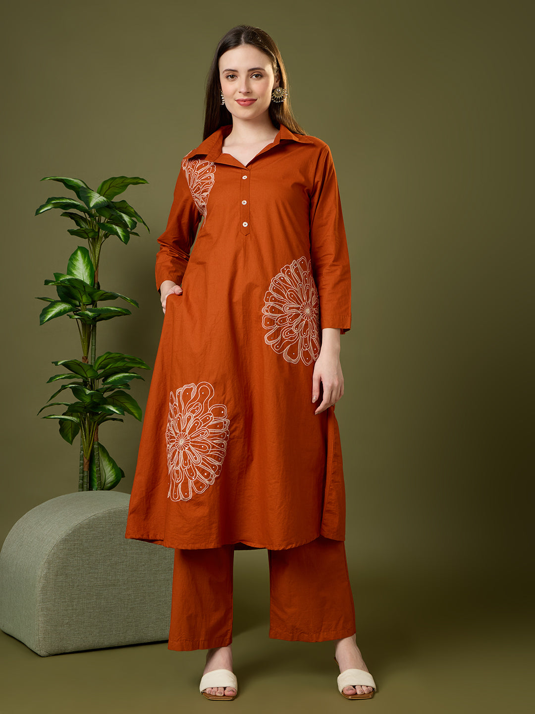 Solid Floral Embroidered A-Line Co-ord Set - Rust