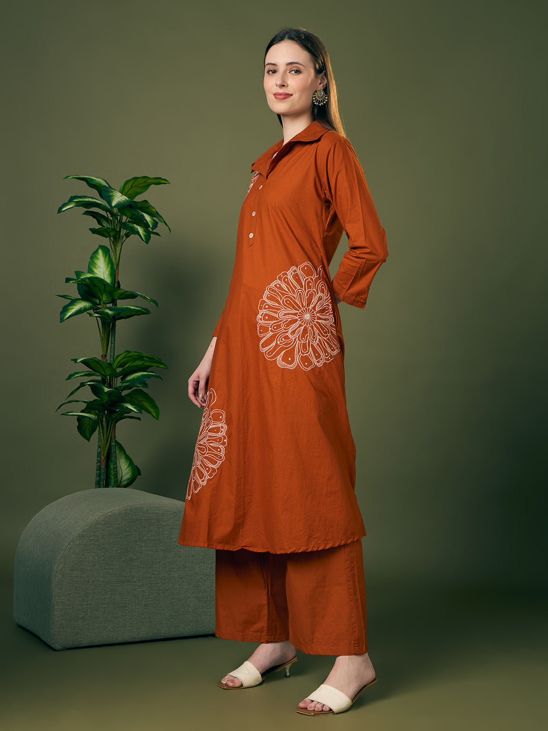 Solid Floral Embroidered A-Line Co-ord Set - Rust