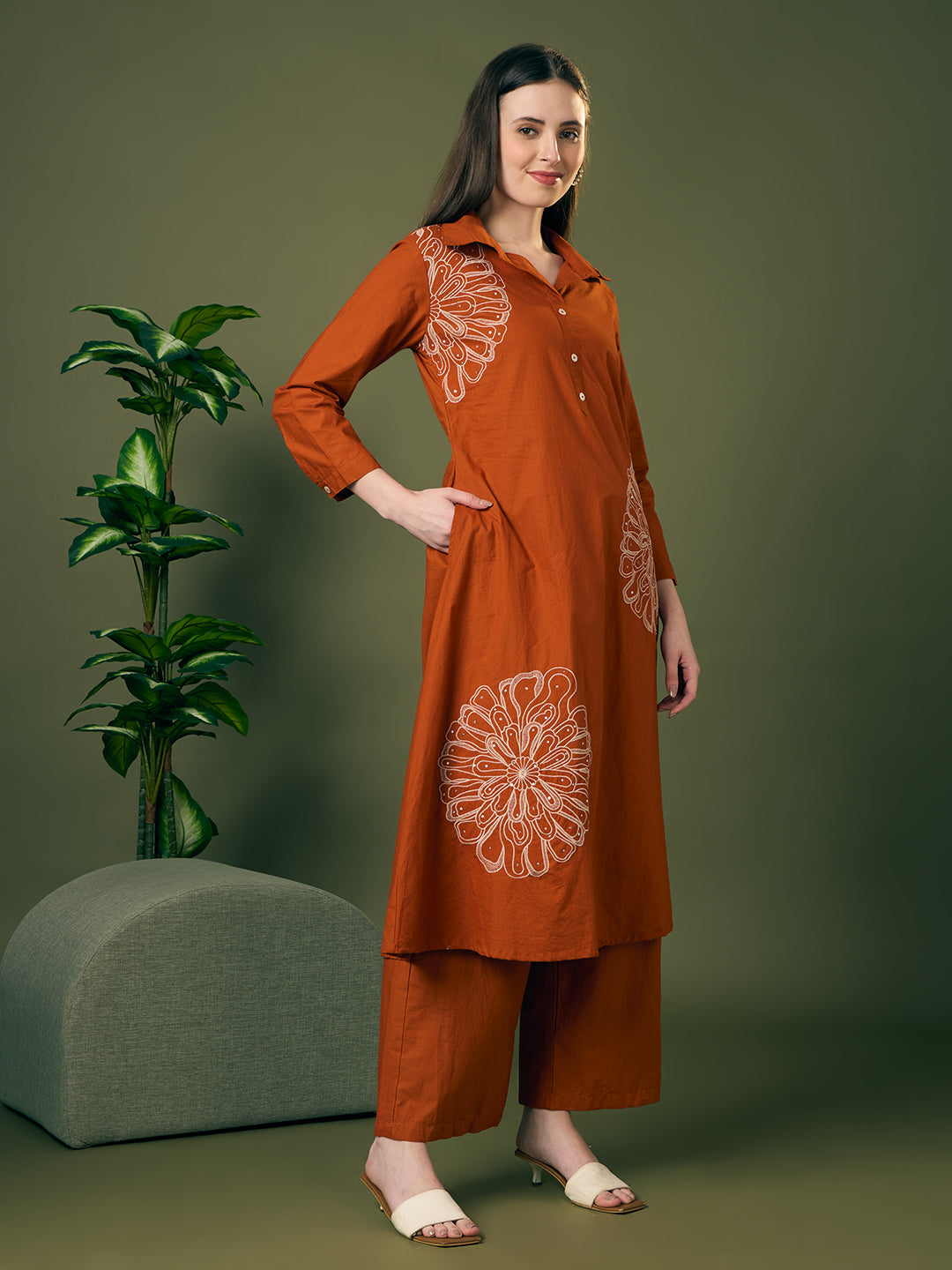 Solid Floral Embroidered A-Line Co-ord Set - Rust
