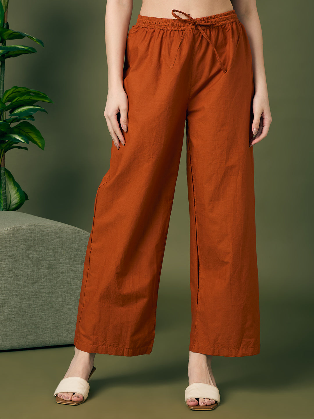 Solid Floral Embroidered A-Line Co-ord Set - Rust