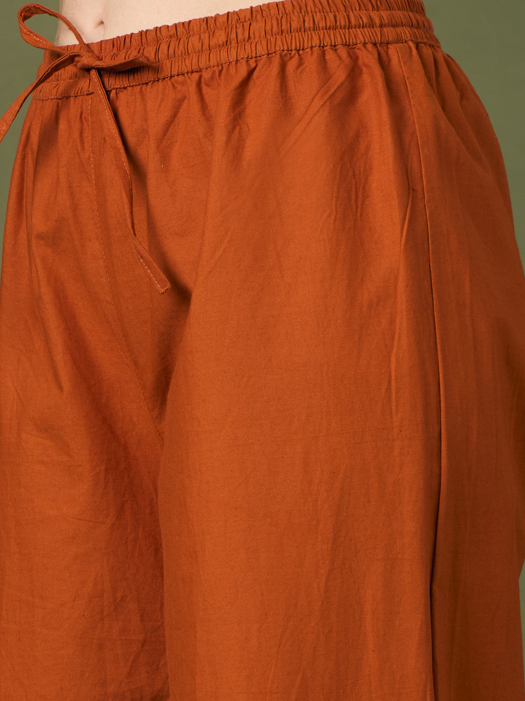 Solid Floral Embroidered A-Line Co-ord Set - Rust