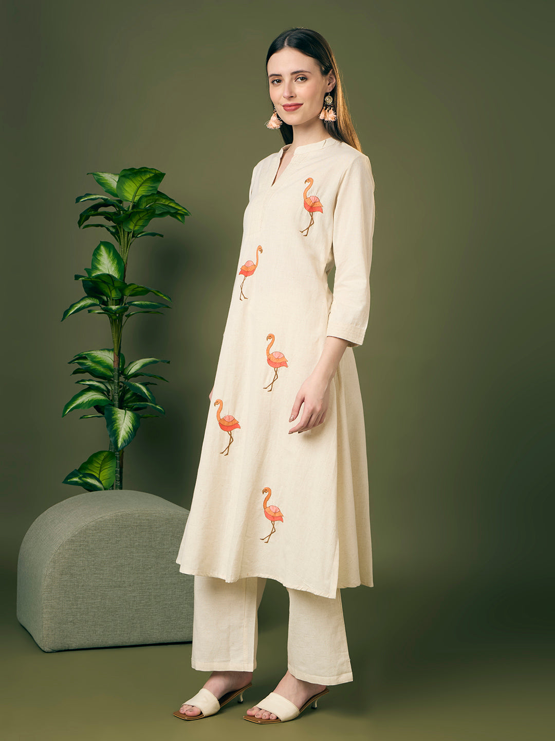 Solid Ostrich Threadwork Embroidered A-Line Co-ord Set - Off White