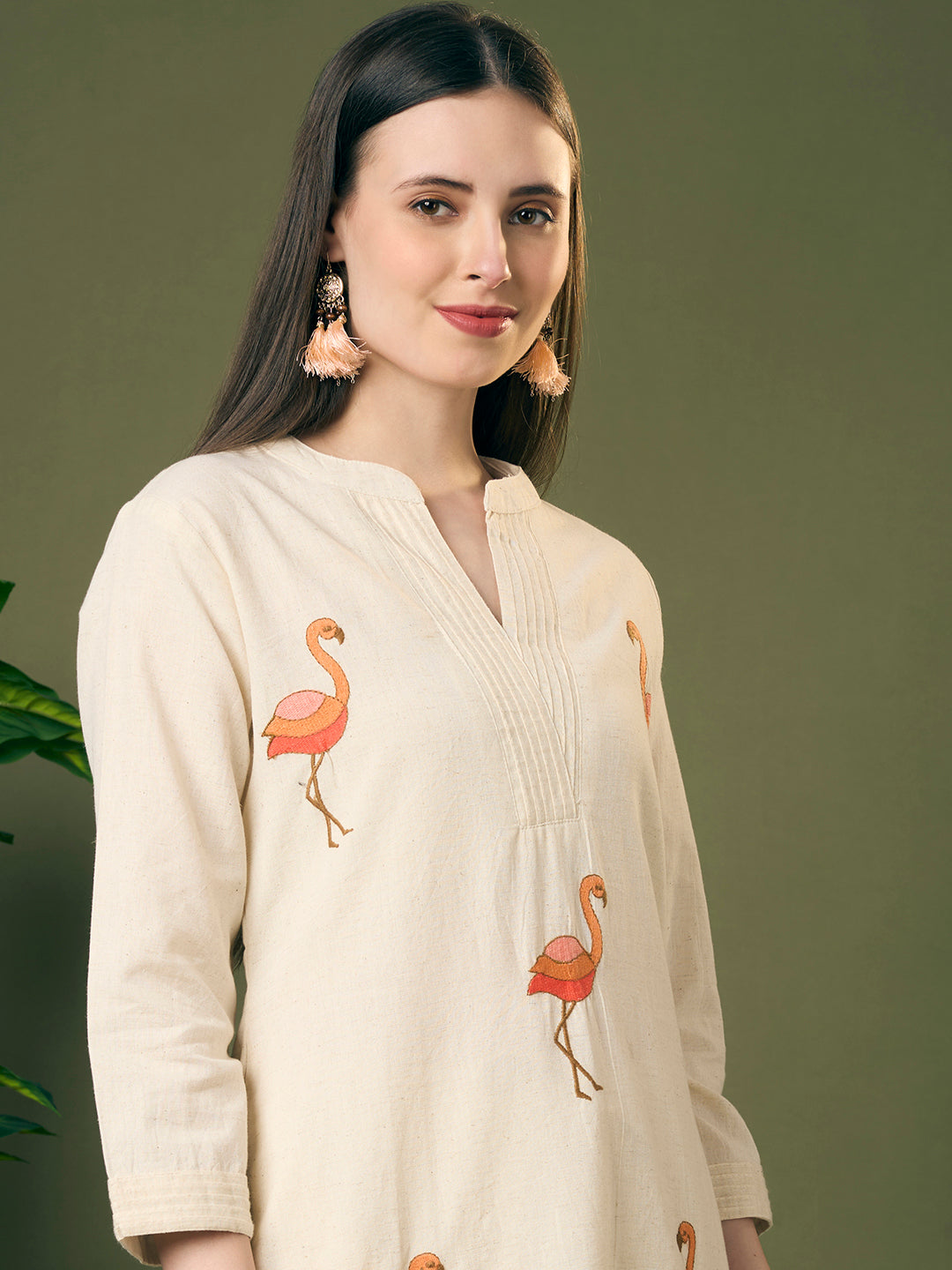 Solid Ostrich Threadwork Embroidered A-Line Co-ord Set - Off White