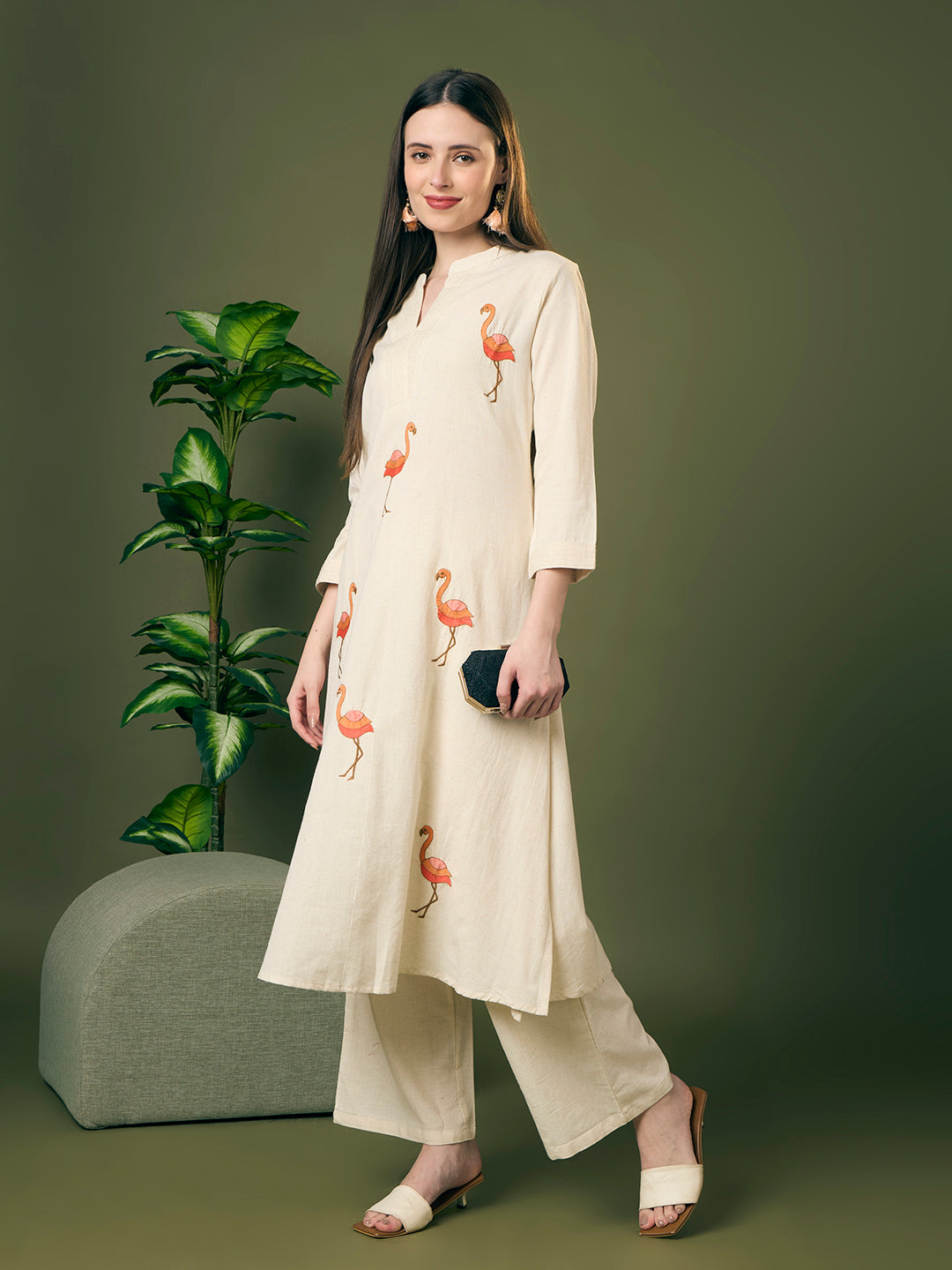 Solid Ostrich Threadwork Embroidered A-Line Co-ord Set - Off White