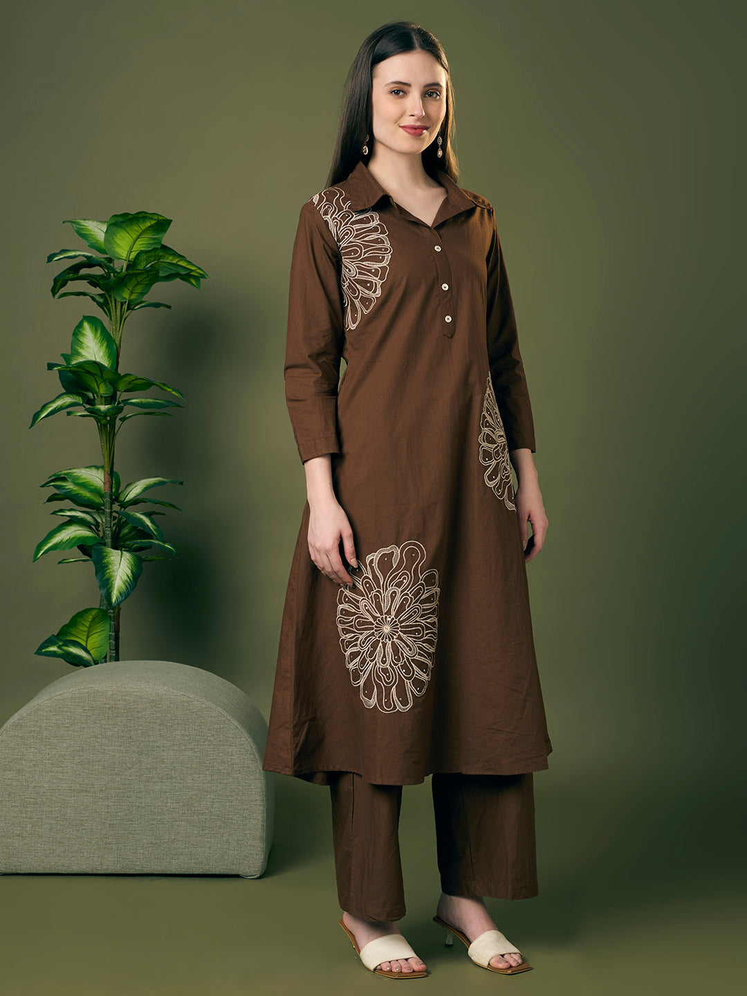 Solid Floral Embroidered A-Line Co-ord Set - Brown