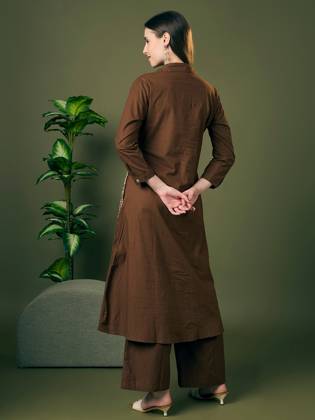 Solid Floral Embroidered A-Line Co-ord Set - Brown