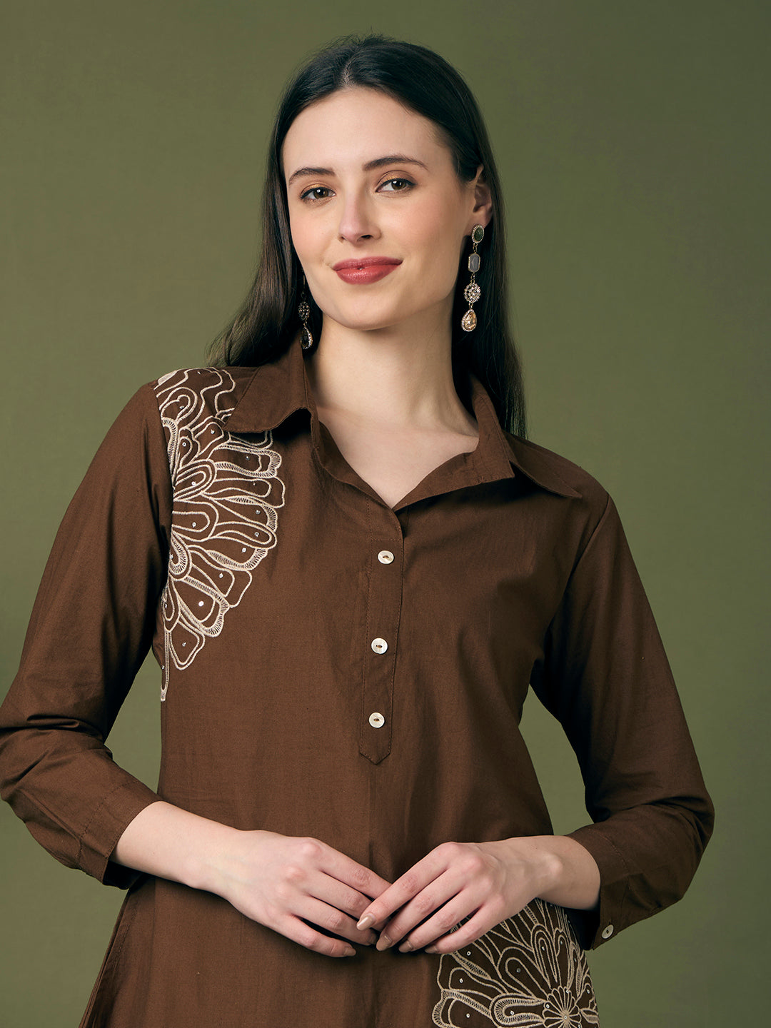 Solid Floral Embroidered A-Line Co-ord Set - Brown