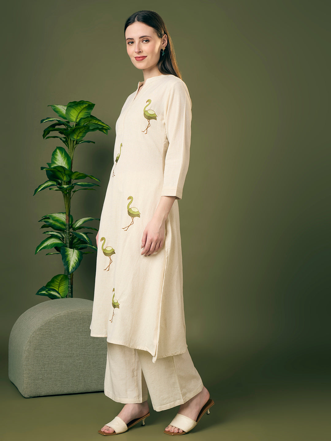 Solid Ostrich Threadwork Embroidered A-Line Co-ord Set - Off White