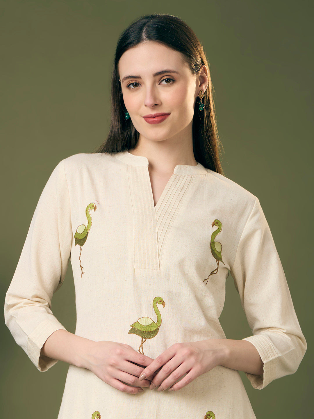 Solid Ostrich Threadwork Embroidered A-Line Co-ord Set - Off White