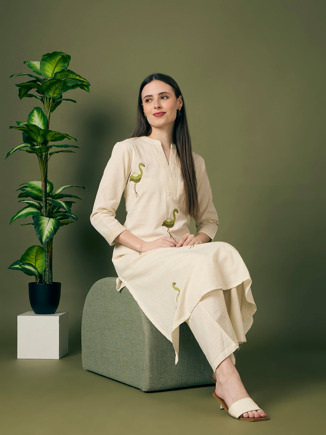 Solid Ostrich Threadwork Embroidered A-Line Co-ord Set - Off White