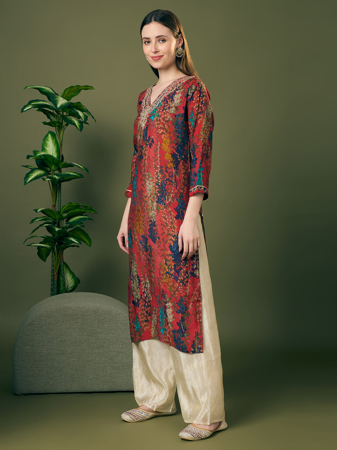 Floral Printed Embroidered Straight Fit Kurta - Multi