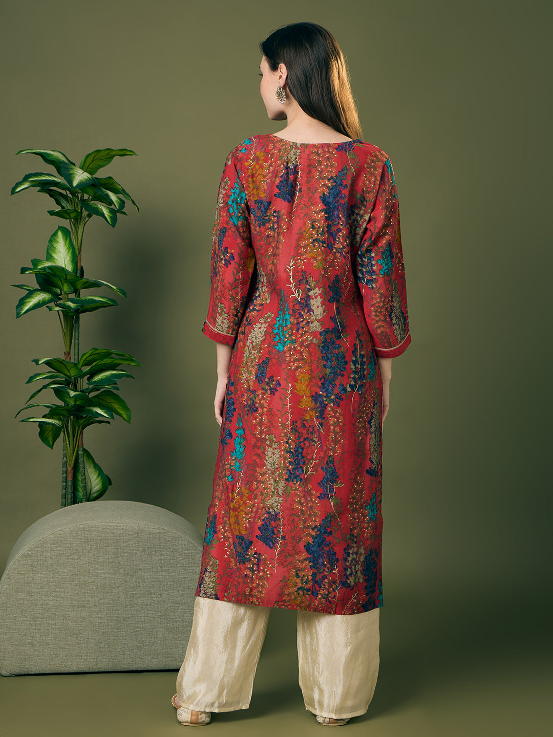 Floral Printed Embroidered Straight Fit Kurta - Multi
