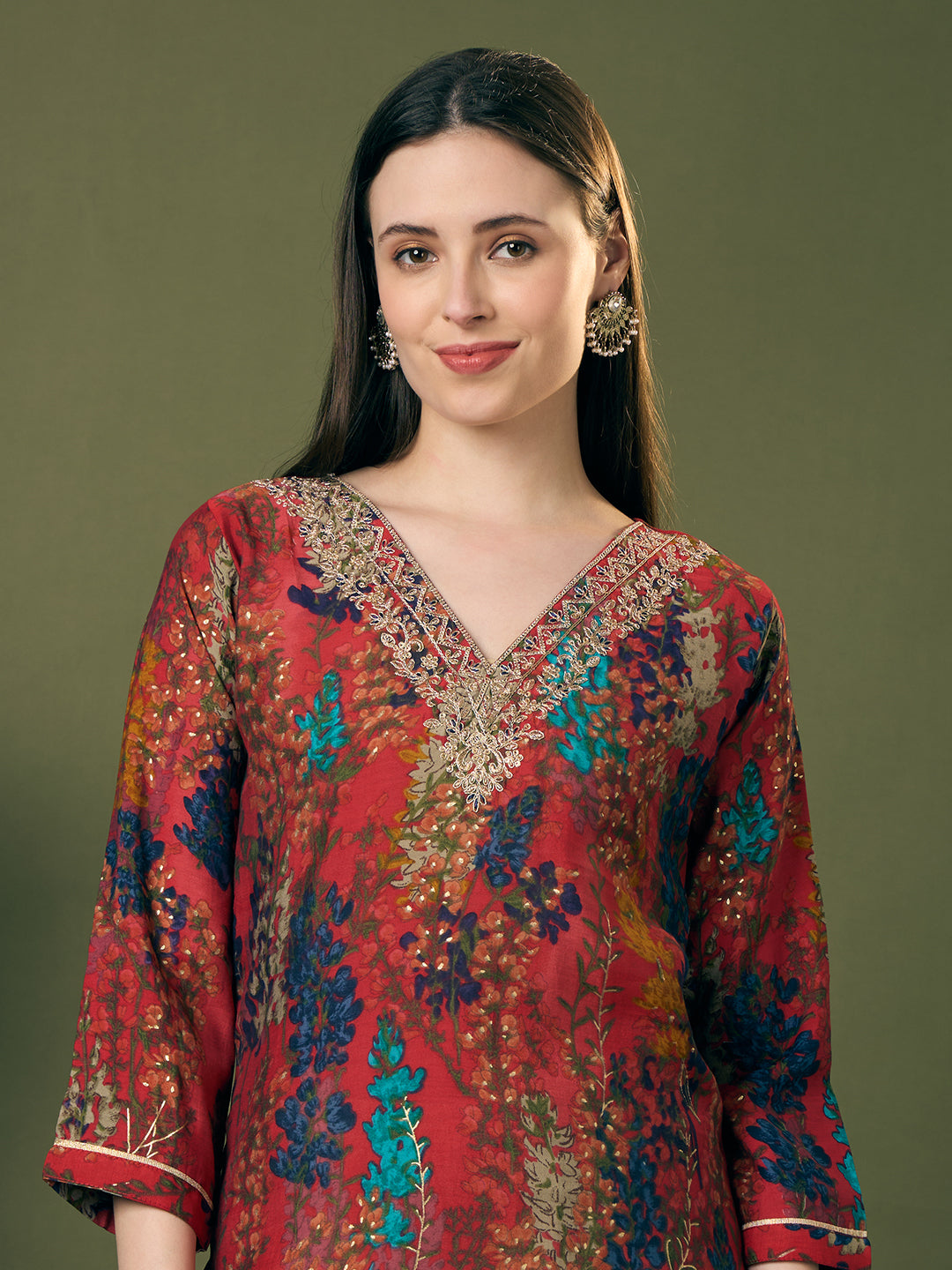 Floral Printed Embroidered Straight Fit Kurta - Multi
