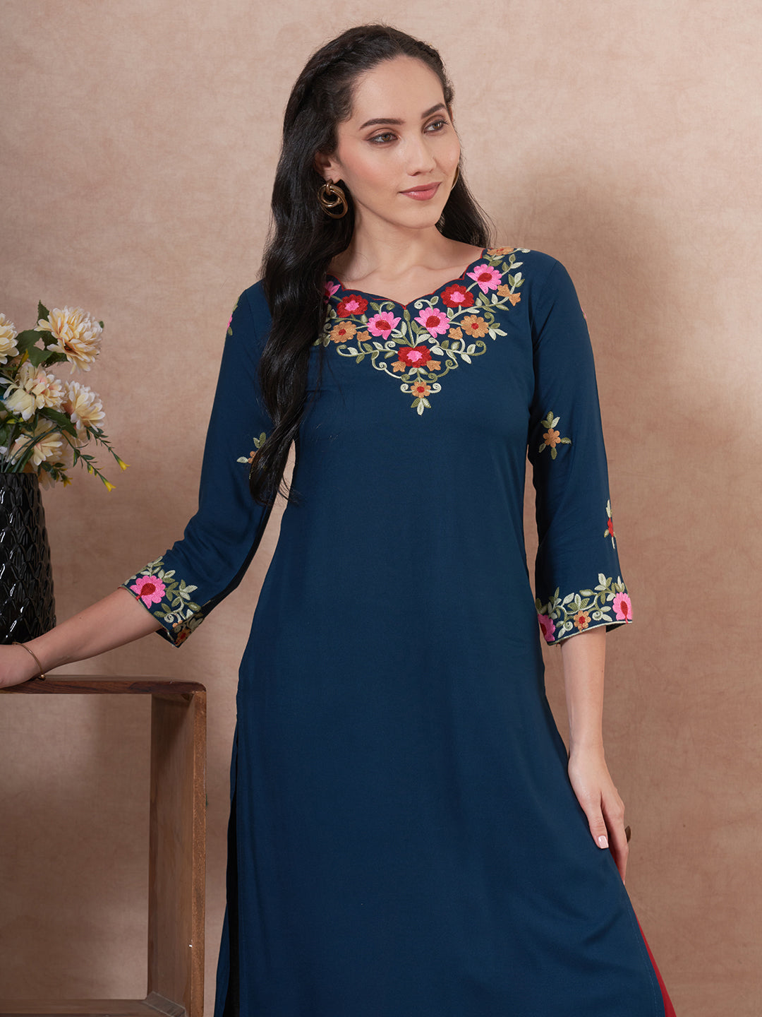 Solid Floral Embroidered Straight Fit Kurta - Teal Blue