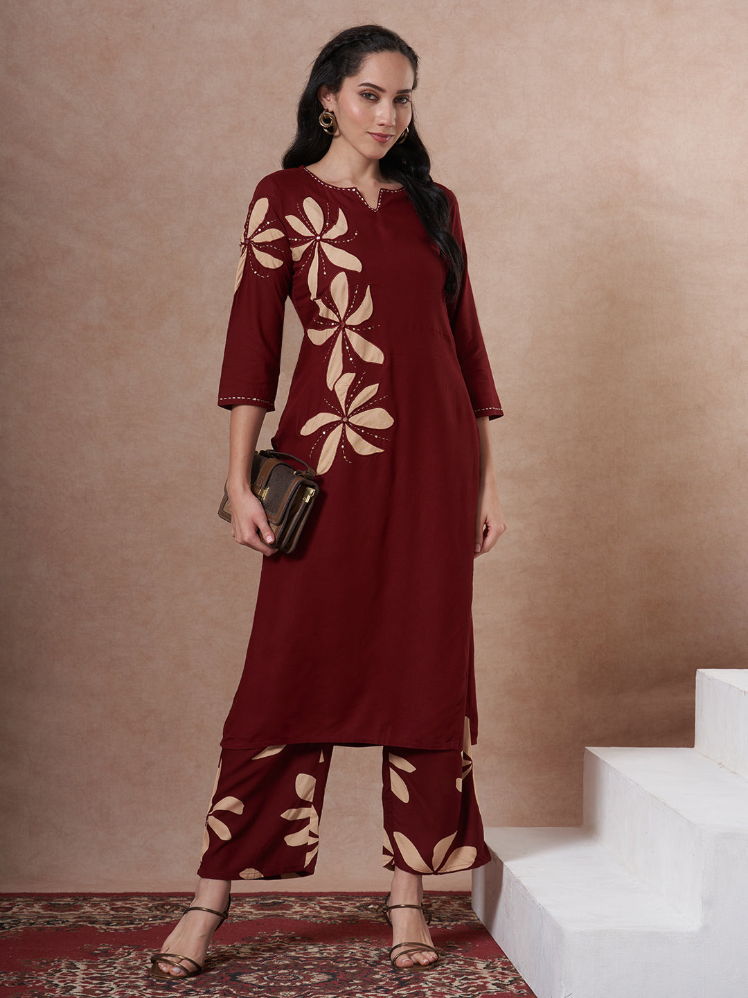 Abstract Floral Printed Kantha Work Straight Fit Co-ord Set - Rust