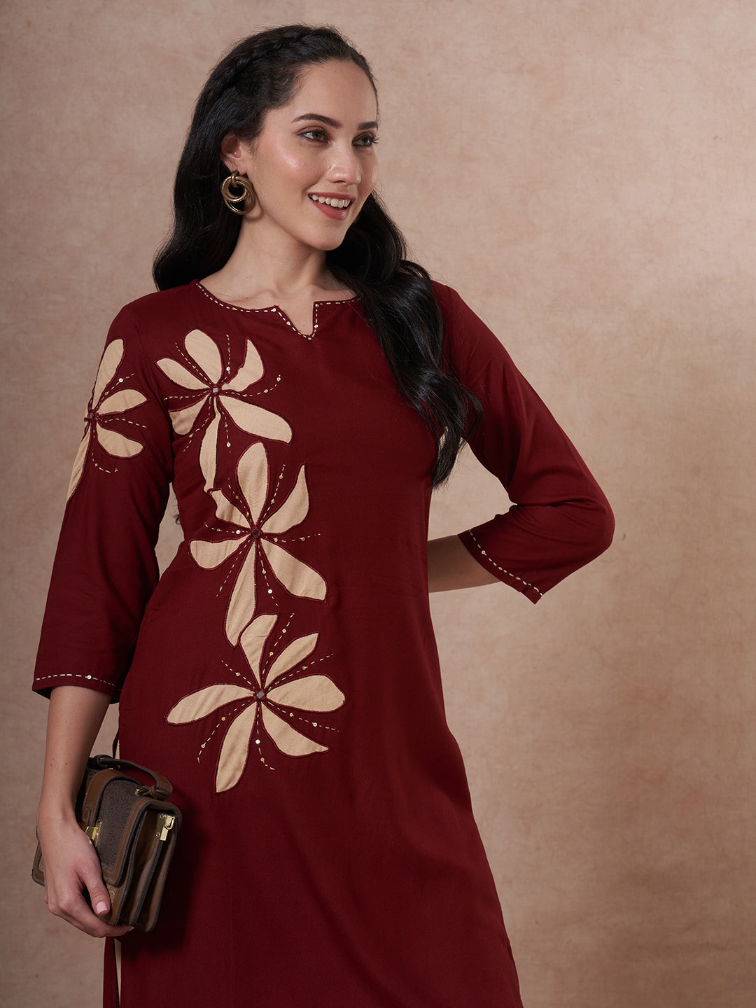 Abstract Floral Printed Kantha Work Straight Fit Co-ord Set - Rust