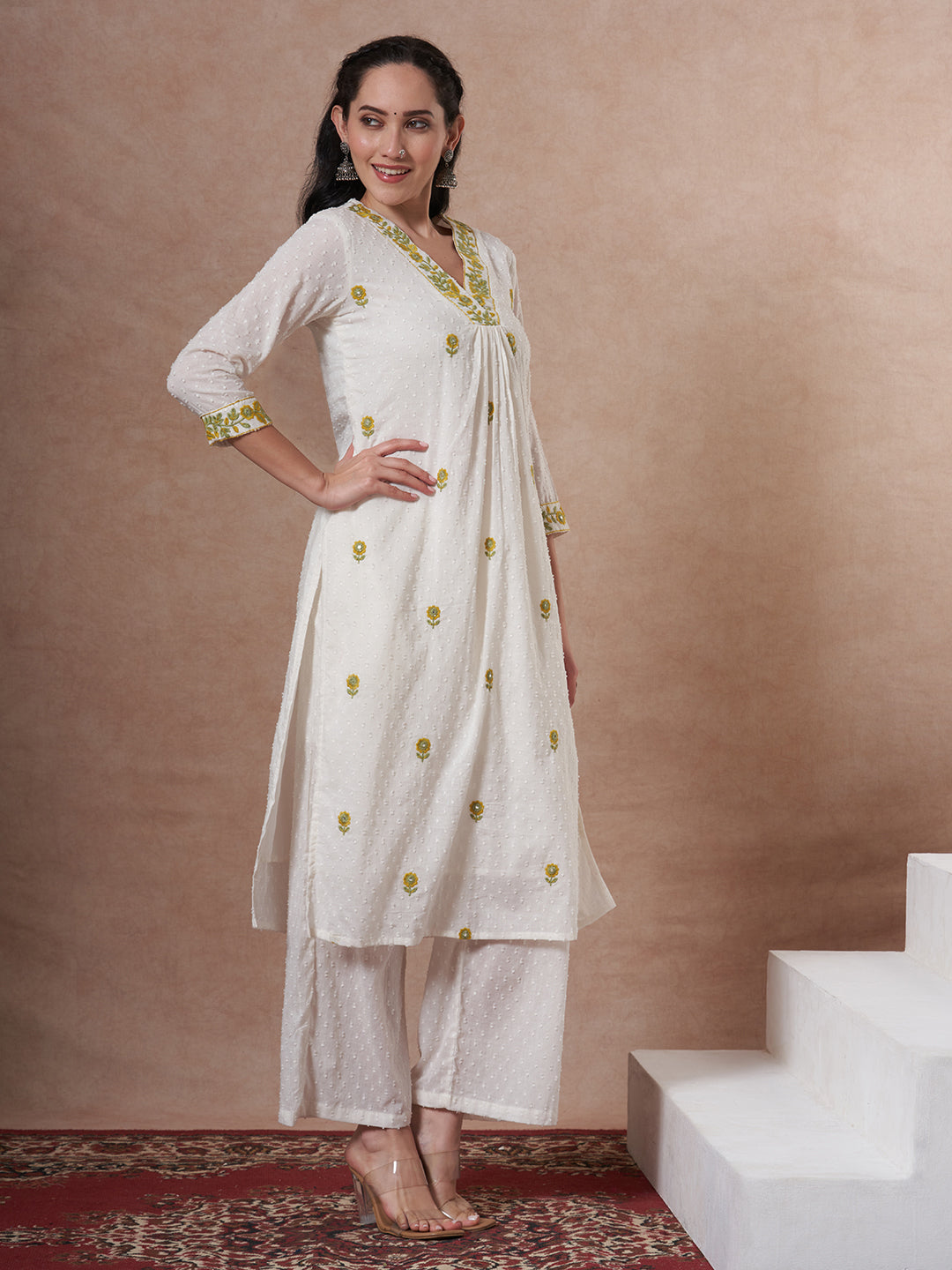 Solid Cotton Dobby Floral Embroidered A-Line Co-ord Set - White