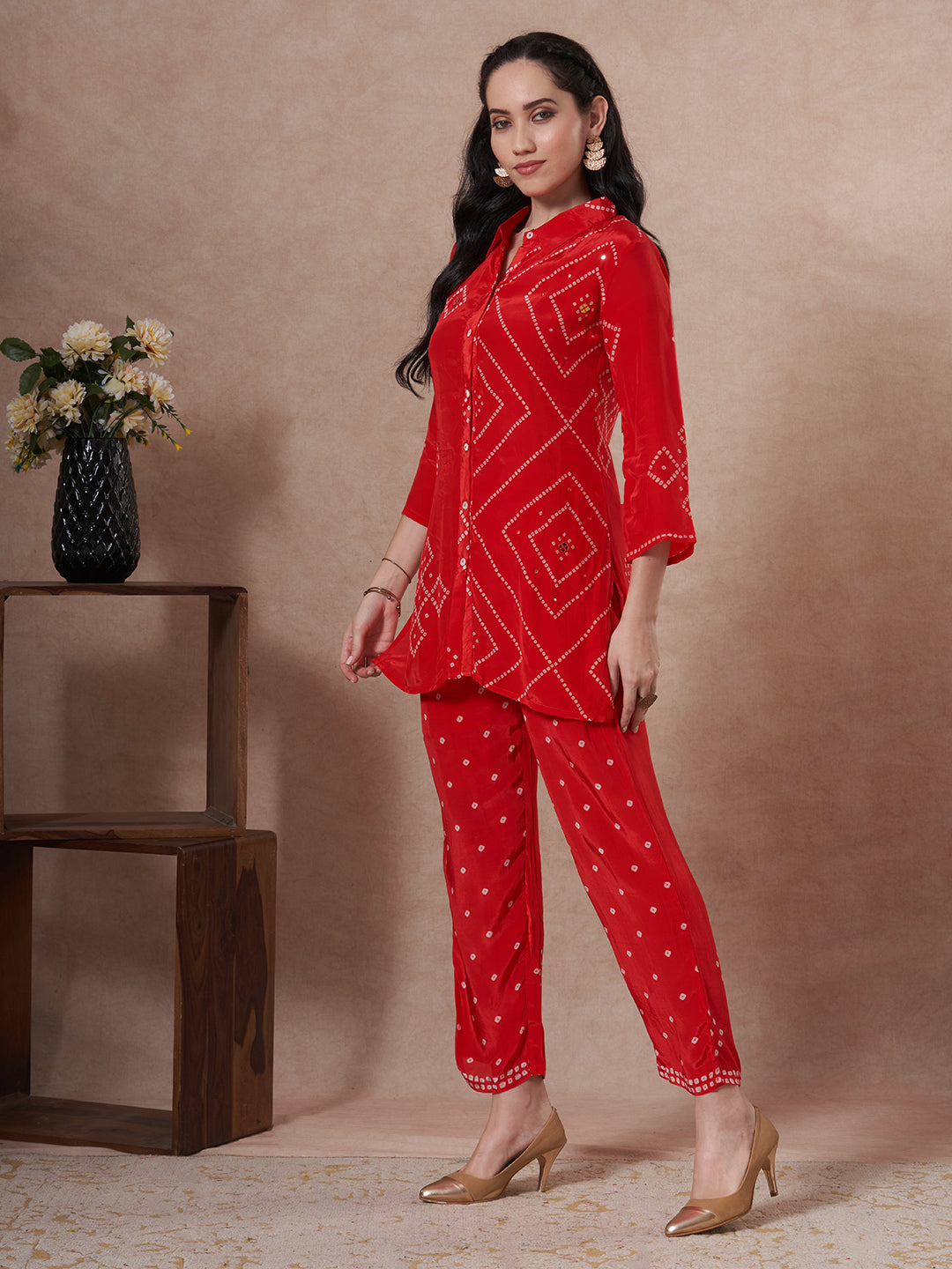 Bandhani Printed Straight Fit Co-ord Set - Pink