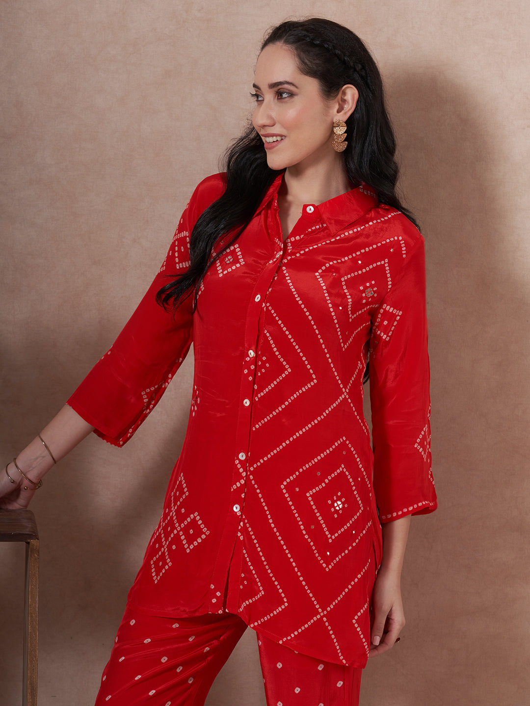 Bandhani Printed Straight Fit Co-ord Set - Pink