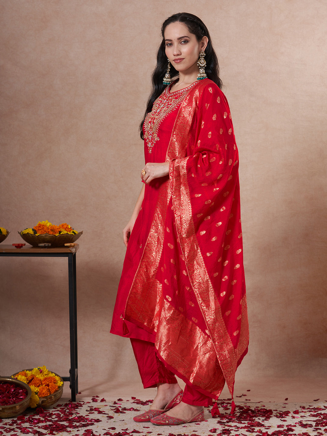 Solid Ethnic Embroidered Straight Kurta with Pant & Dupatta - Rani
