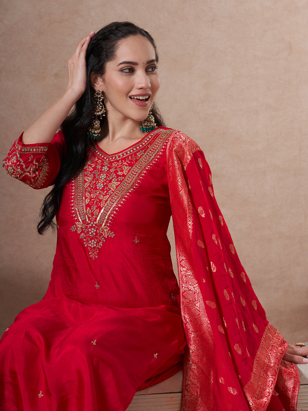 Solid Ethnic Embroidered Straight Kurta with Pant & Dupatta - Rani