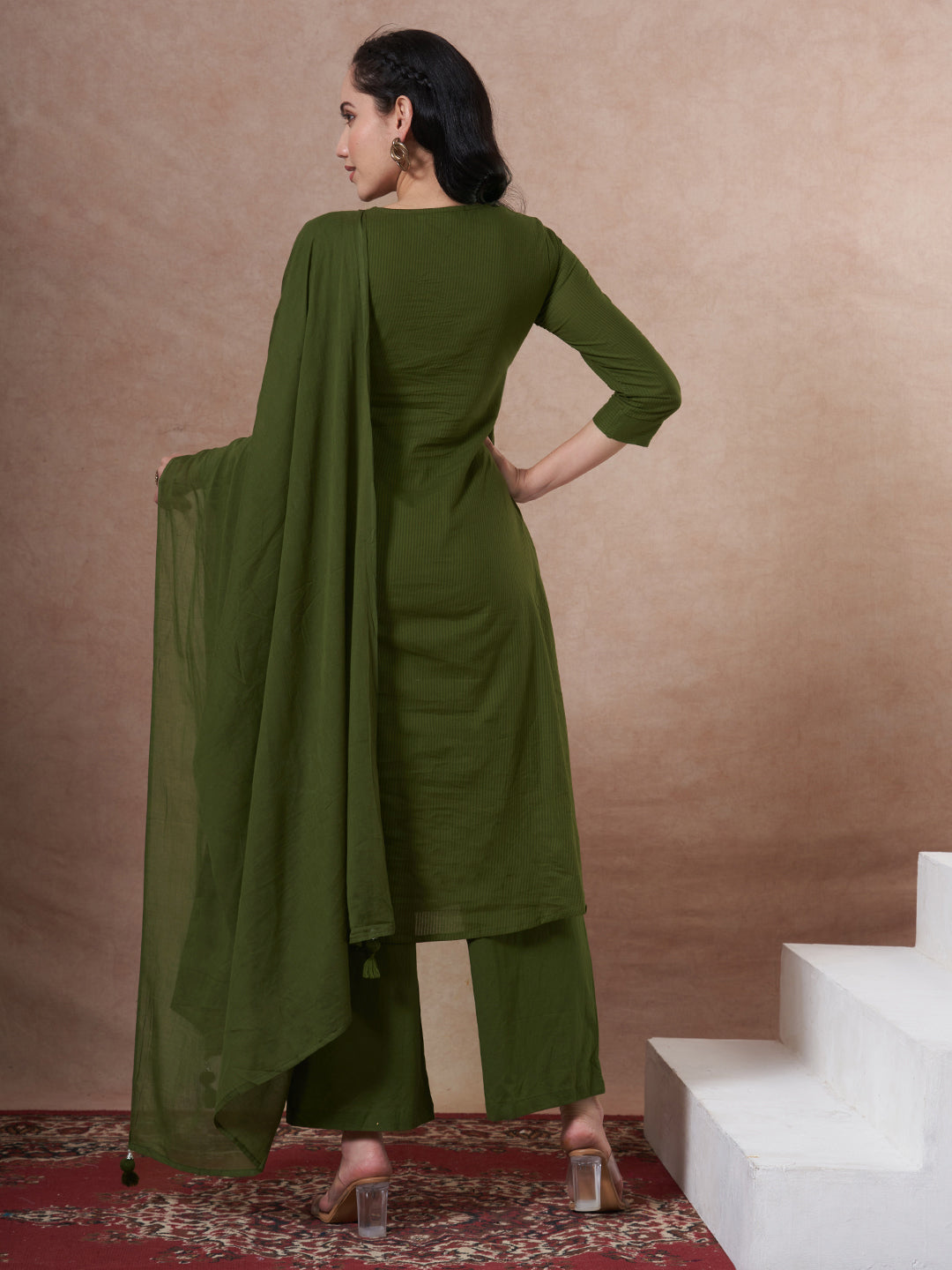 Solid Floral Embroidered A-Line Kurta with Palazzo and Dupatta - Green