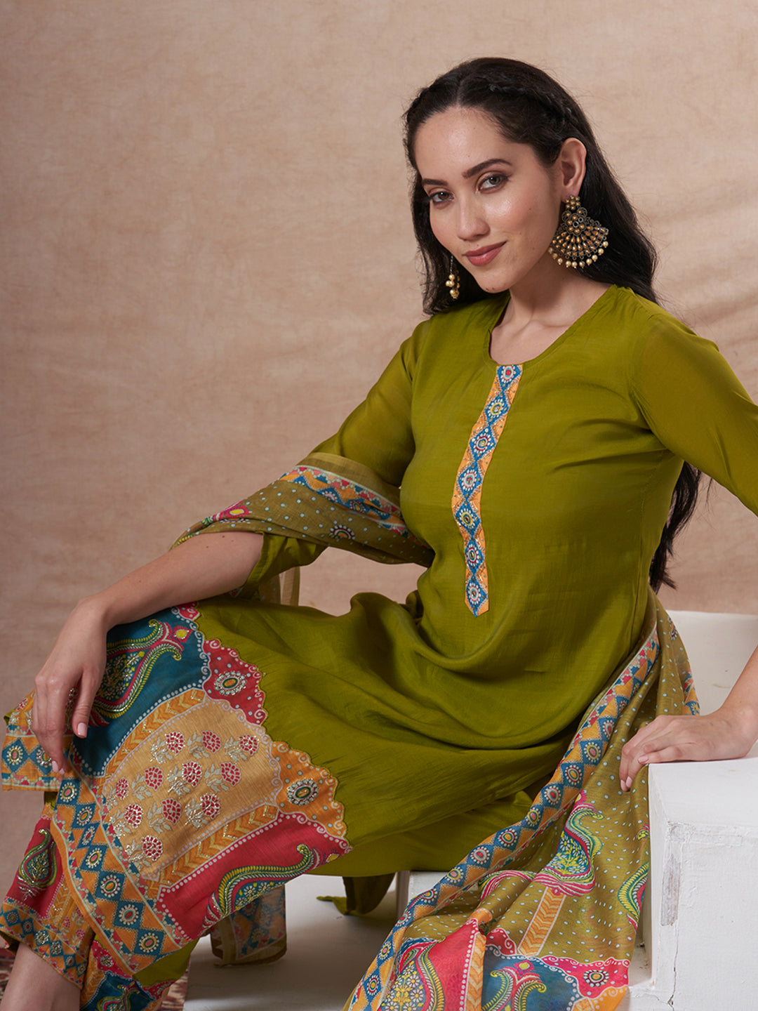 Solid Ethnic Printed Straight Kurta with Pant & Dupatta - Lime Green