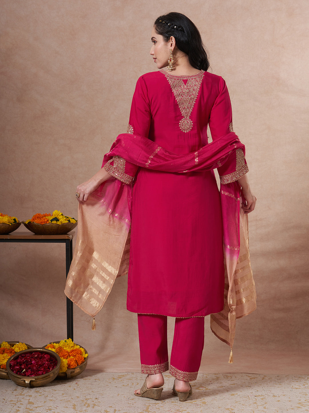 Festive Solid Zari Embroidered Straight Fit Kurta with Pant and Ombre Dupatta - Pink