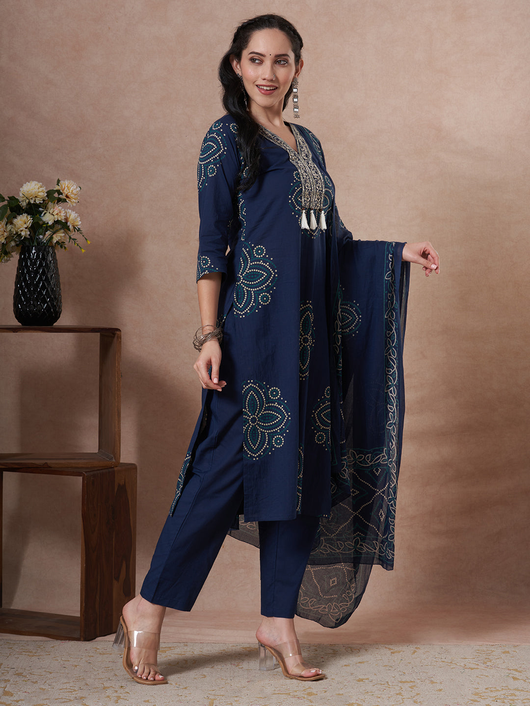 Bandhani Printed Embroidered Straight Fit Kurta with Pant and Dupatta - Blue