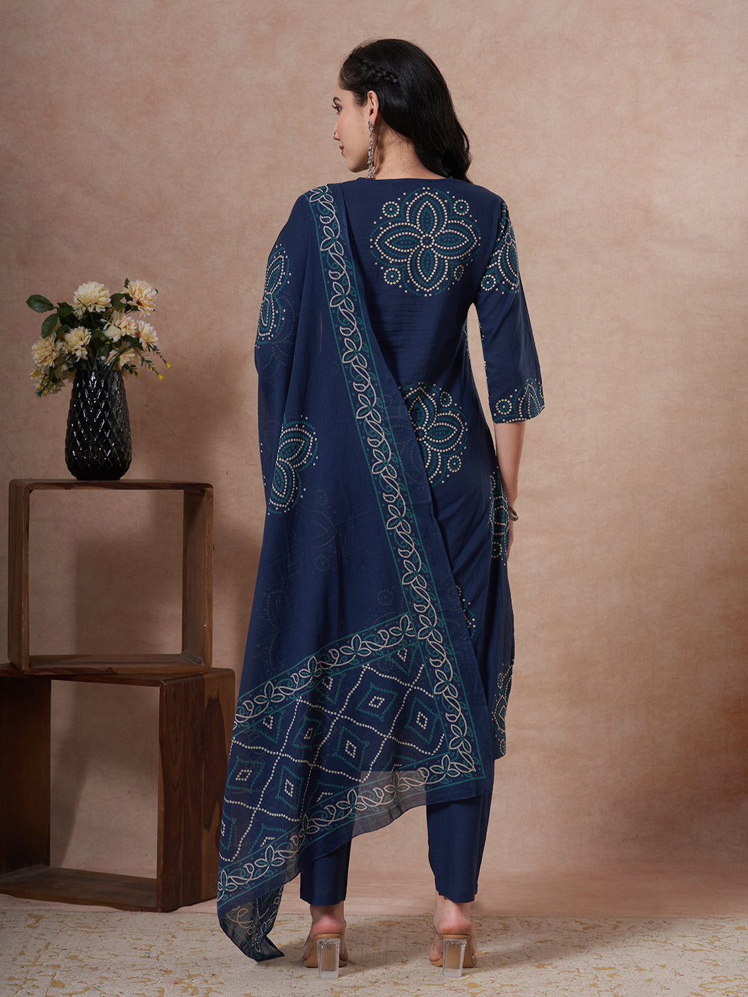 Bandhani Printed Embroidered Straight Fit Kurta with Pant and Dupatta - Blue