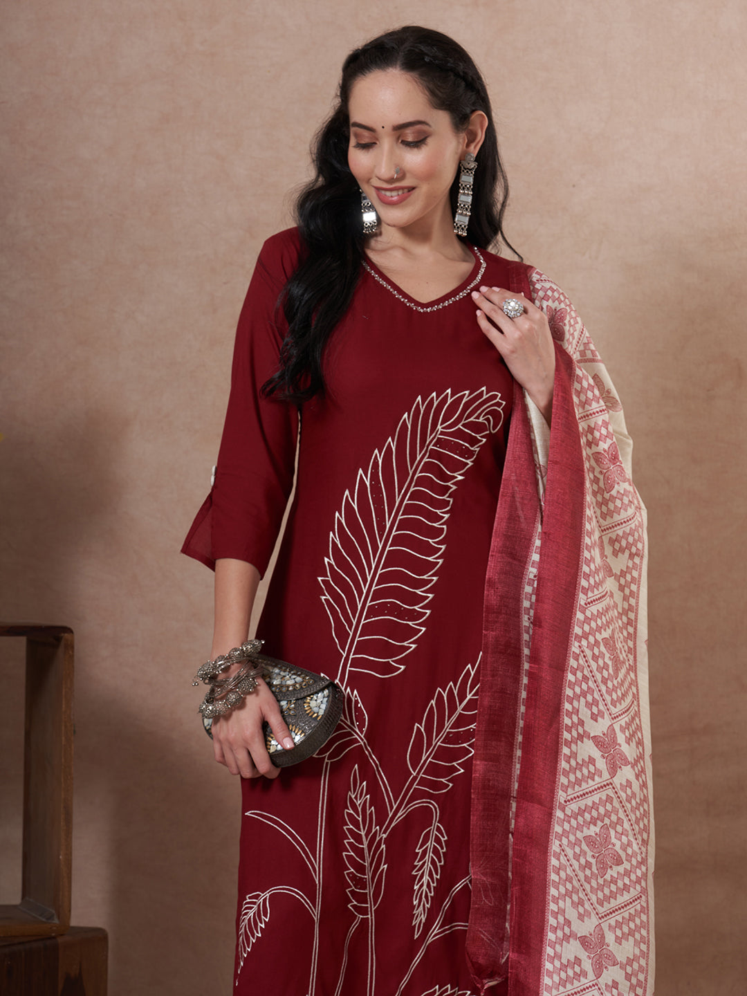 Solid Abstract Embroidered Straight Fit Kurta with Pant and Printed Dupatta - Maroon