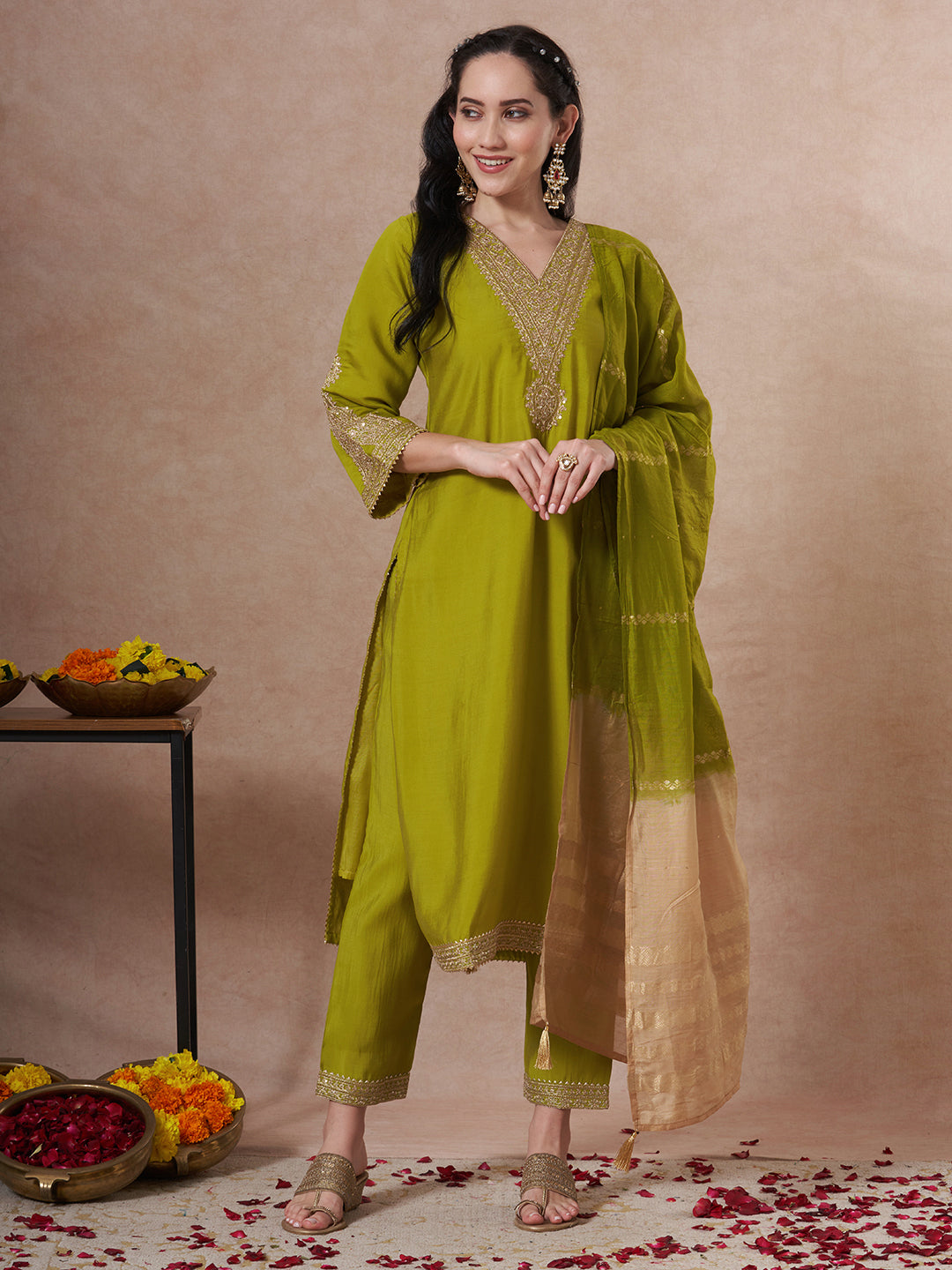 Festive Solid Zari Embroidered Straight Fit Kurta with Pant and Ombre Dupatta - Green
