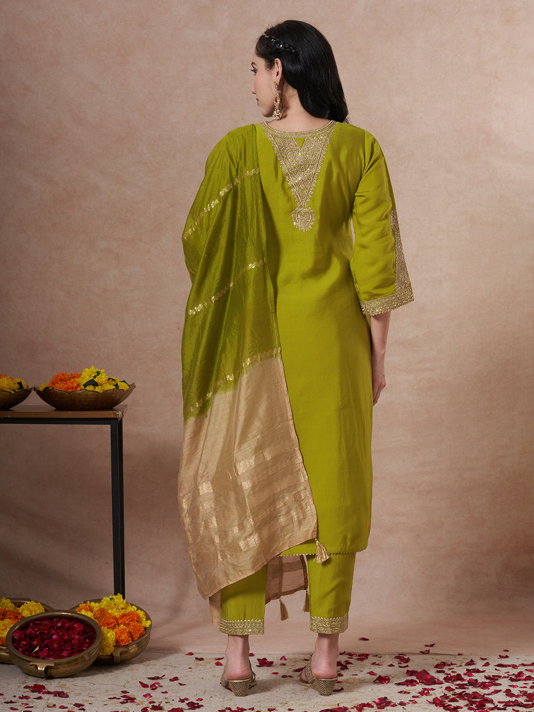 Festive Solid Zari Embroidered Straight Fit Kurta with Pant and Ombre Dupatta - Green