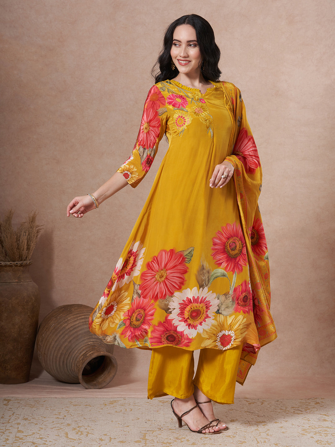 Sunflower Printed Embroidered A-Line Pleated Kurta with Palazzo and Dupatta - Mustard