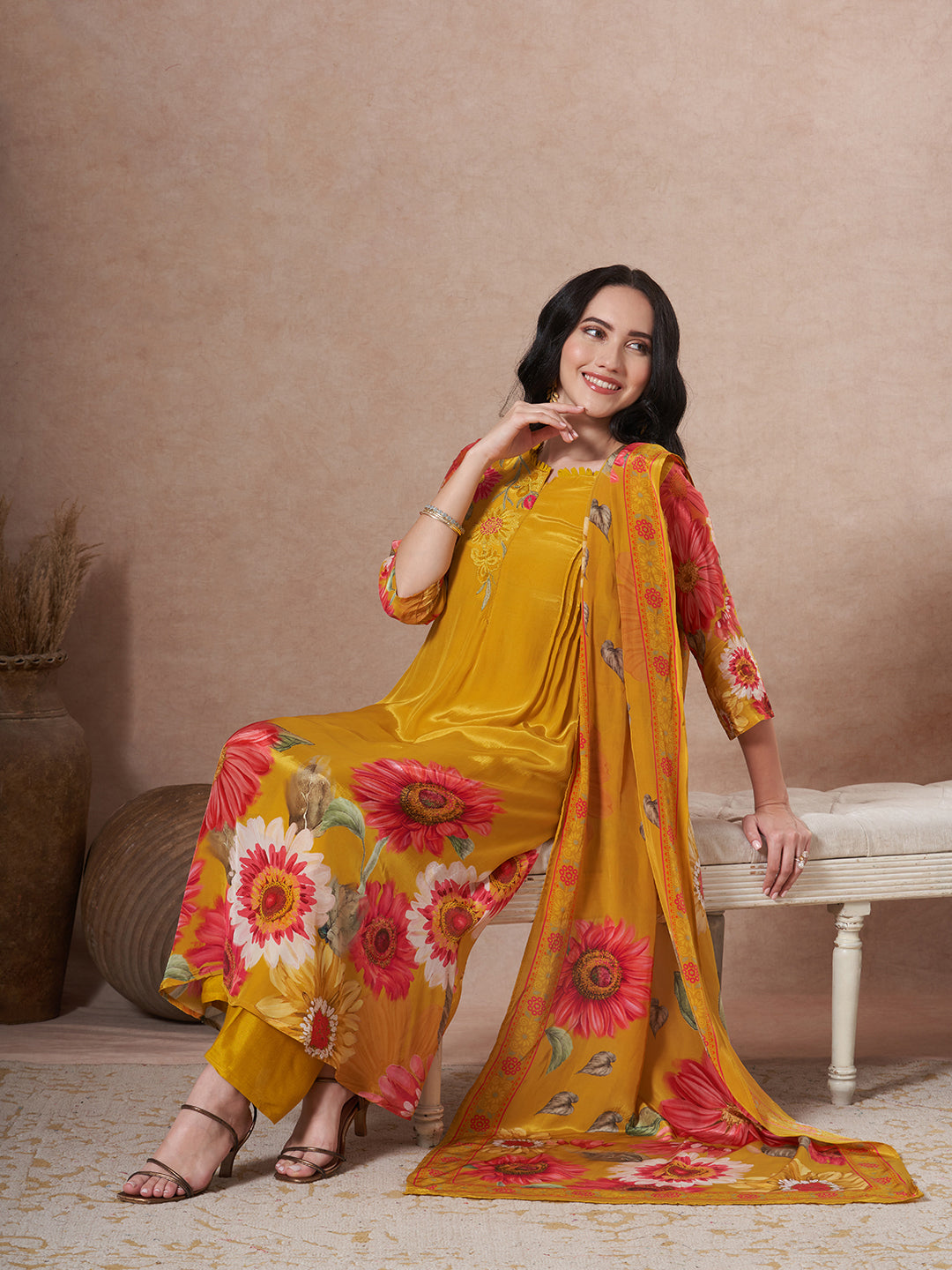 Sunflower Printed Embroidered A-Line Pleated Kurta with Palazzo and Dupatta - Mustard