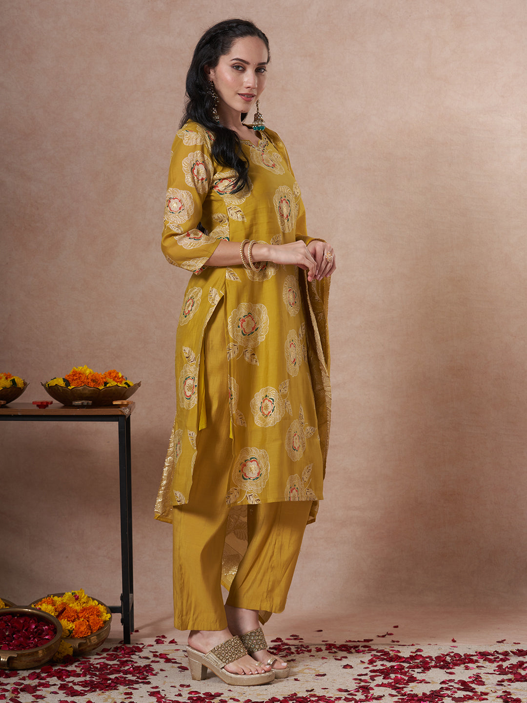Festive Floral Foil Printed Embroidered Straight Cut Kurta with Pant & Dupatta - Lime Green