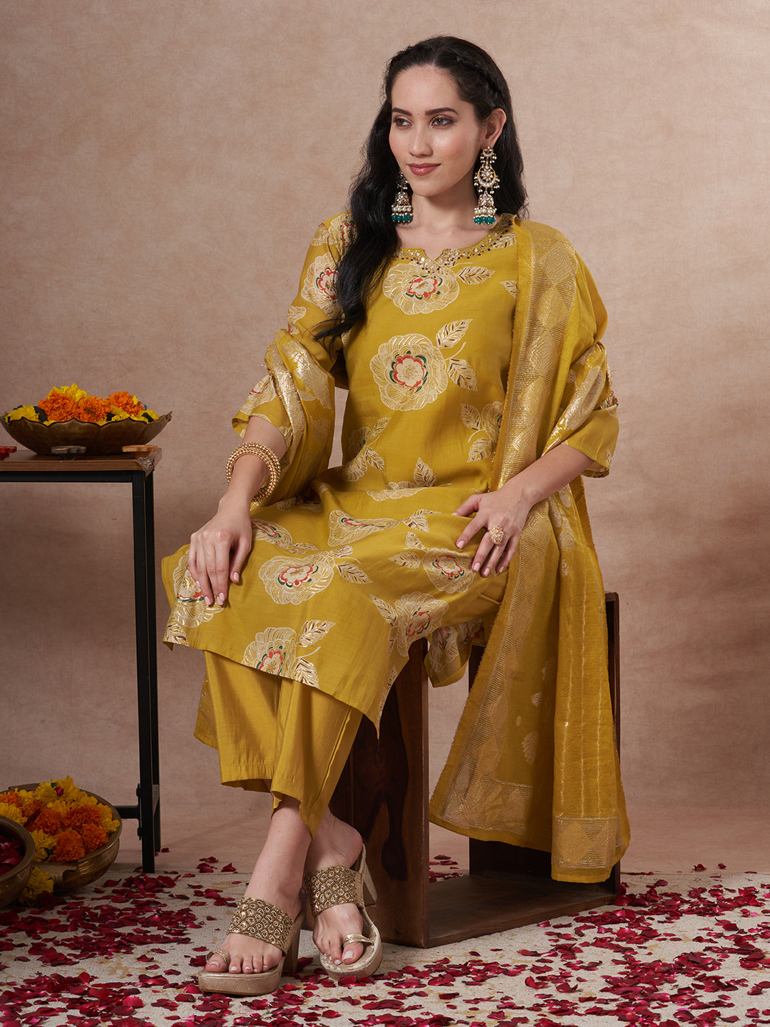 Festive Floral Foil Printed Embroidered Straight Cut Kurta with Pant & Dupatta - Lime Green