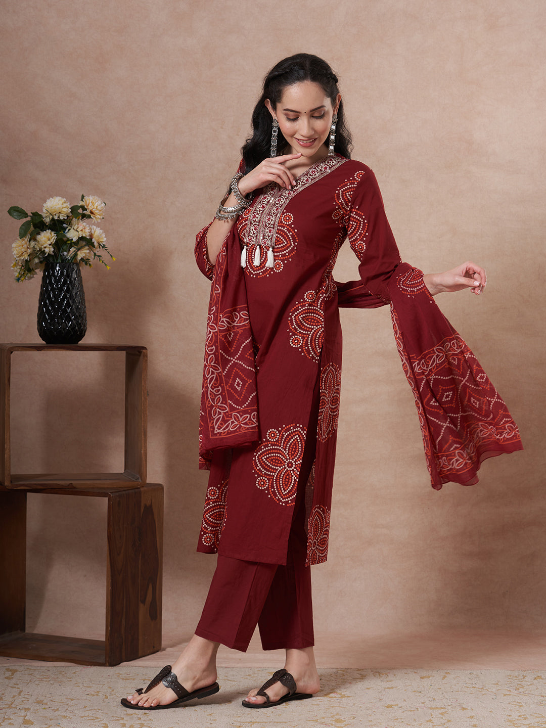 Bandhani Printed Embroidered Straight Fit Kurta with Pant and Dupatta - Maroon