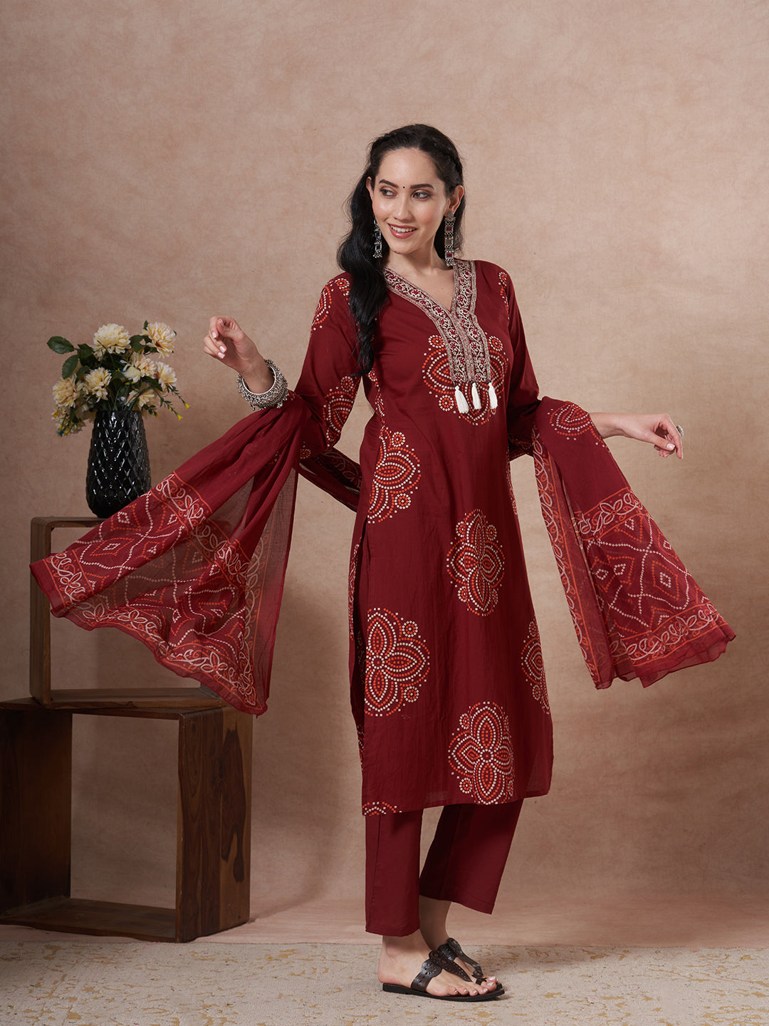 Bandhani Printed Embroidered Straight Fit Kurta with Pant and Dupatta - Maroon