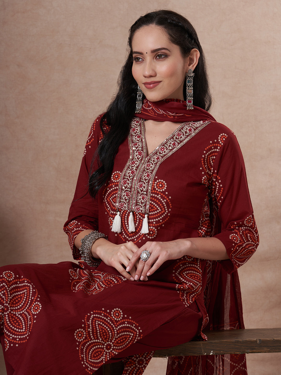 Bandhani Printed Embroidered Straight Fit Kurta with Pant and Dupatta - Maroon