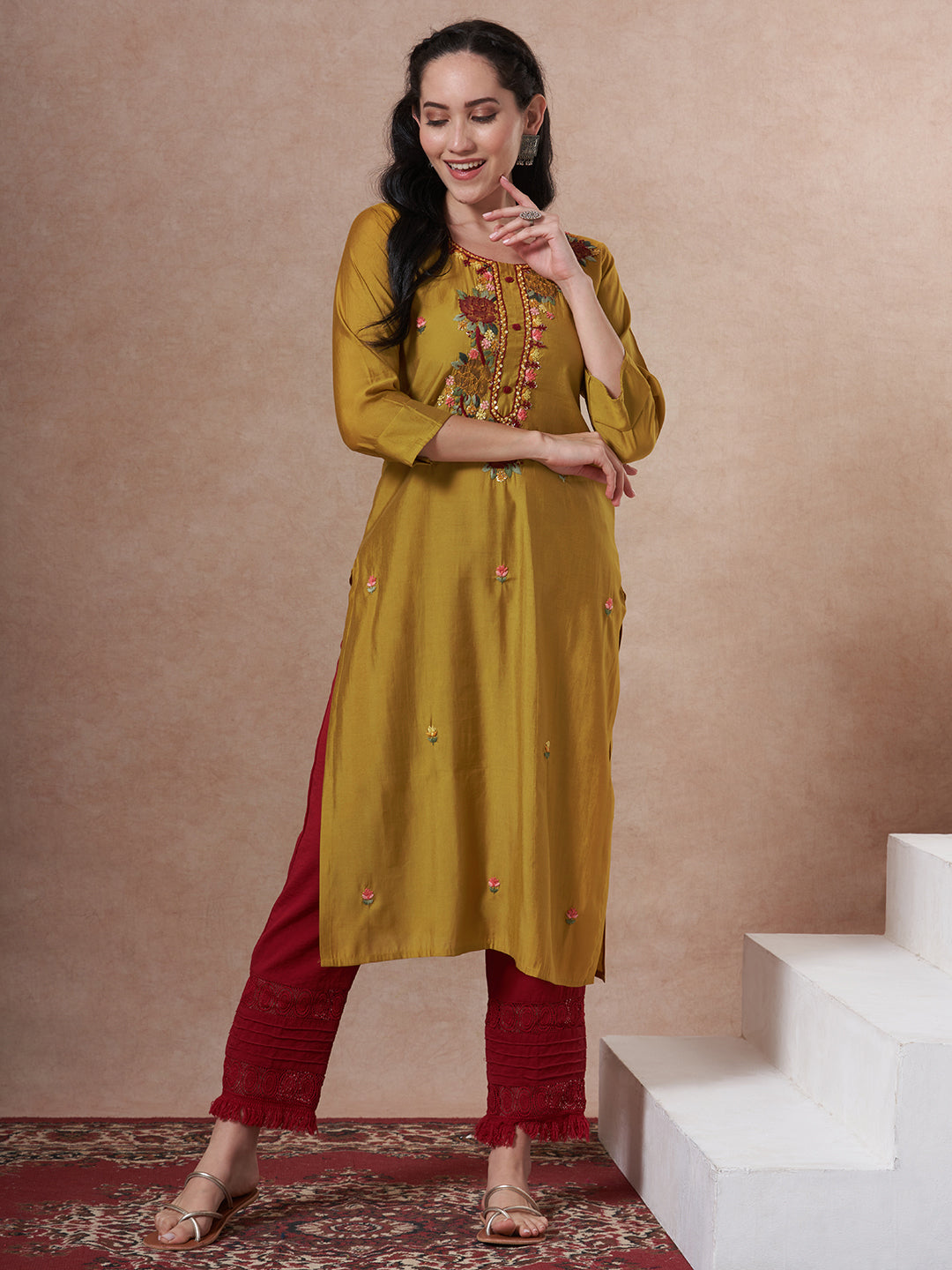 Solid Floral Embroidered Straight Fit Kurta - Mustard