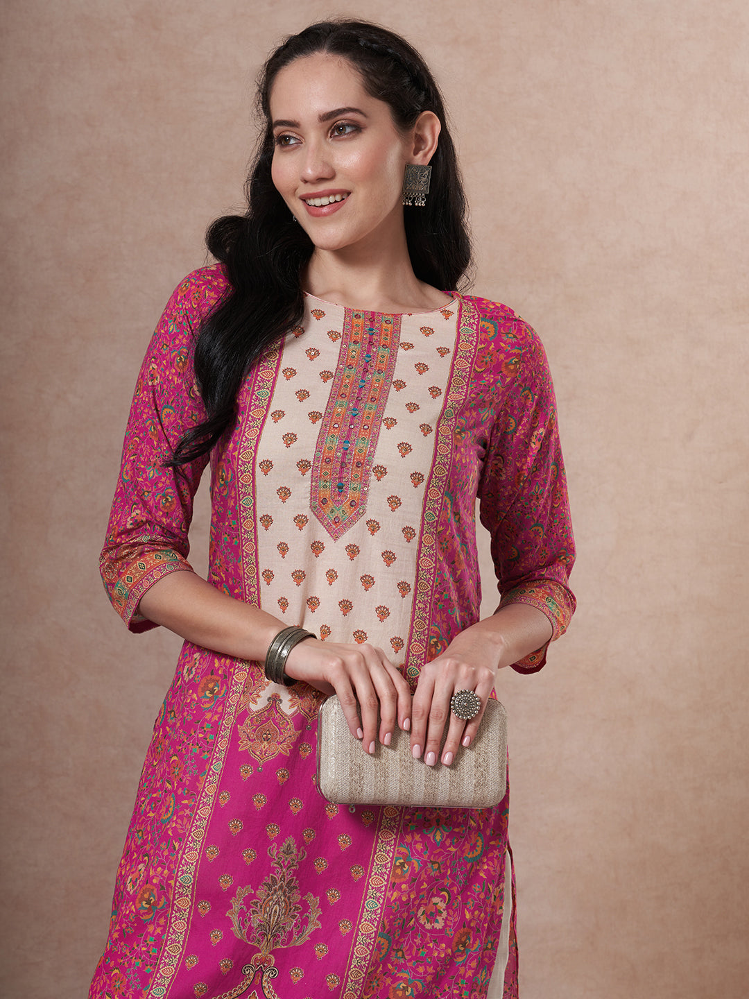 Floral Printed Embroidered Straight Fit Kurta - Magenta