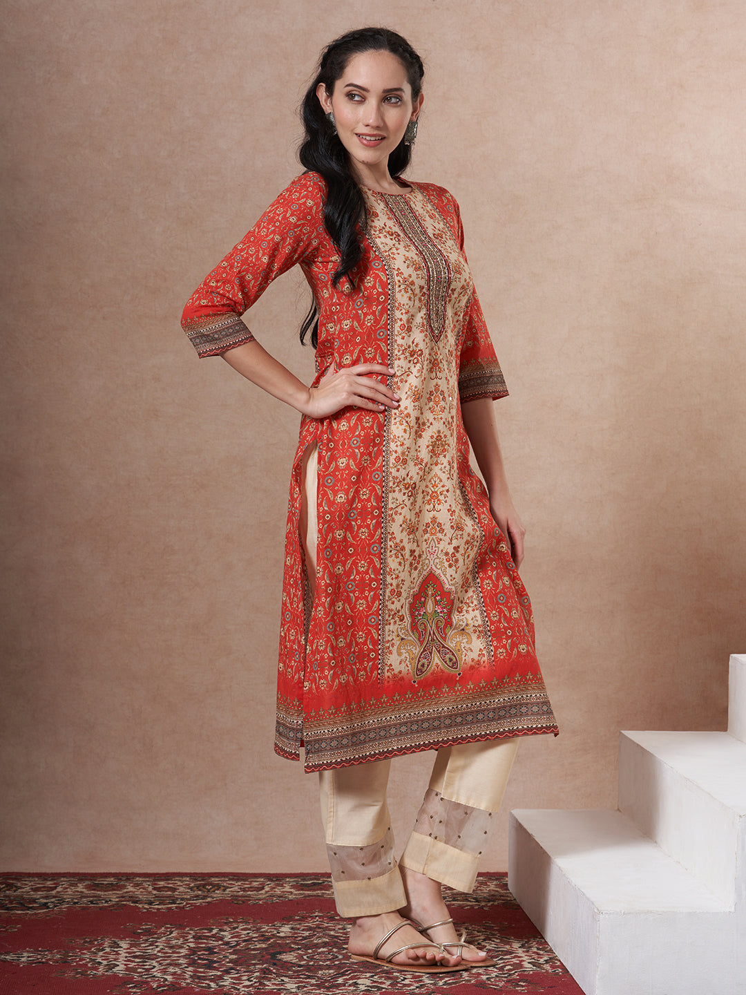Floral Printed Embroidered Straight Fit Kurta - Red