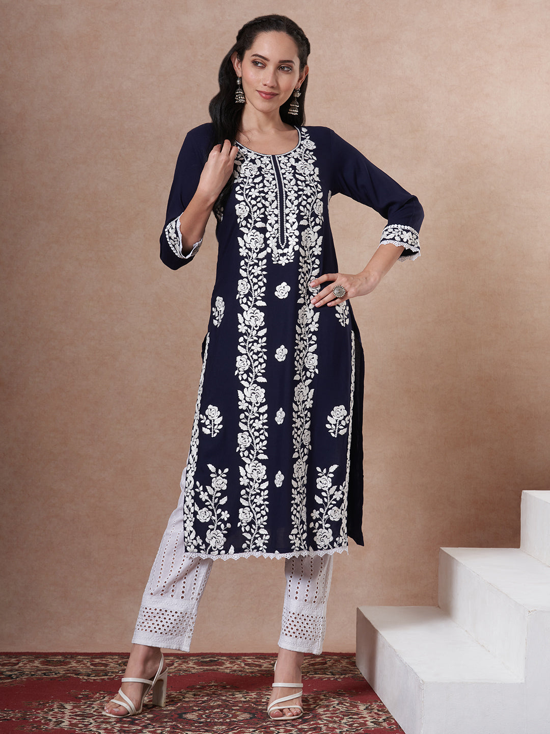 Solid Floral Chikankari Embroidered Straight Fit Kurta - Navy Blue