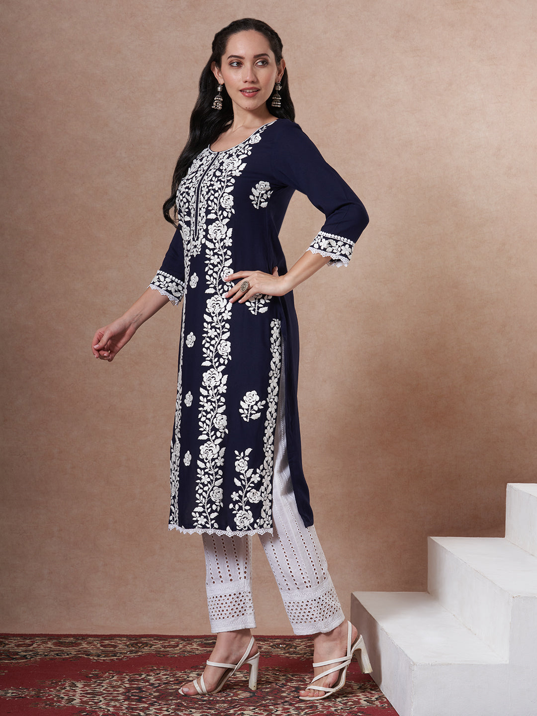Solid Floral Chikankari Embroidered Straight Fit Kurta - Navy Blue