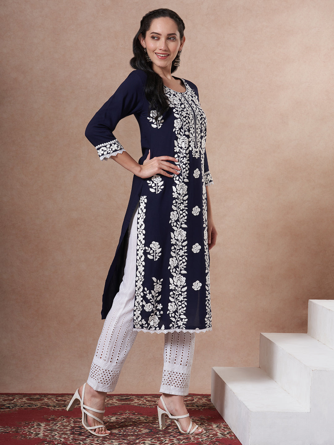 Solid Floral Chikankari Embroidered Straight Fit Kurta - Navy Blue