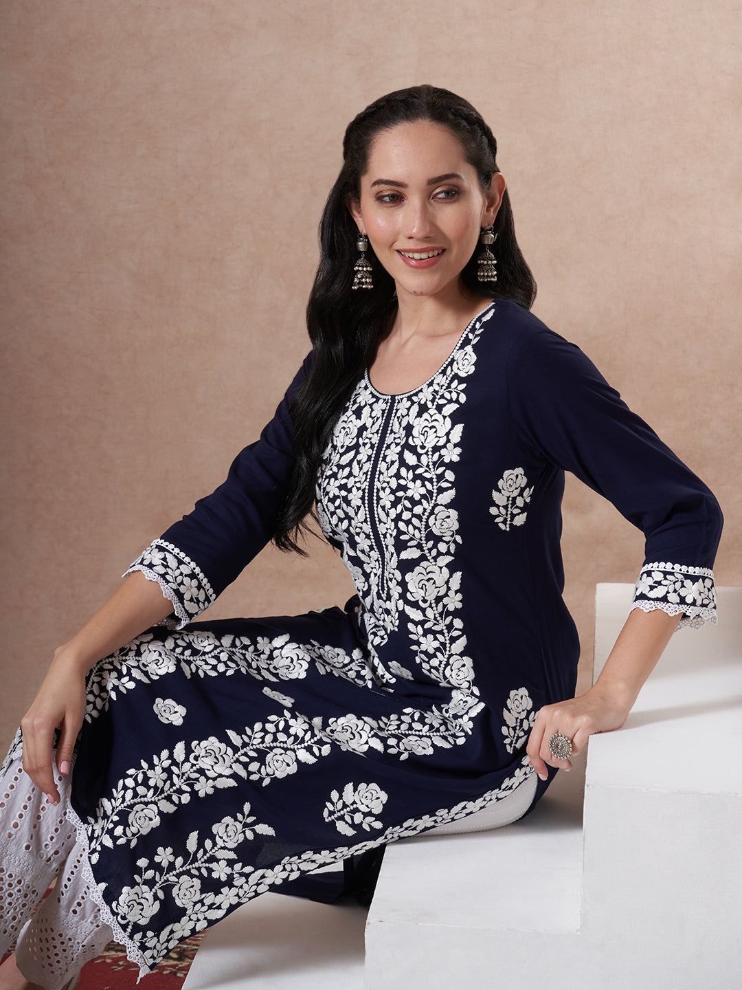 Solid Floral Chikankari Embroidered Straight Fit Kurta - Navy Blue