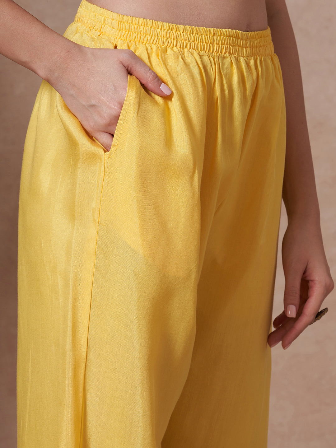 Floral Printed & Woven Straight Fit Kurta with Pant - Yellow