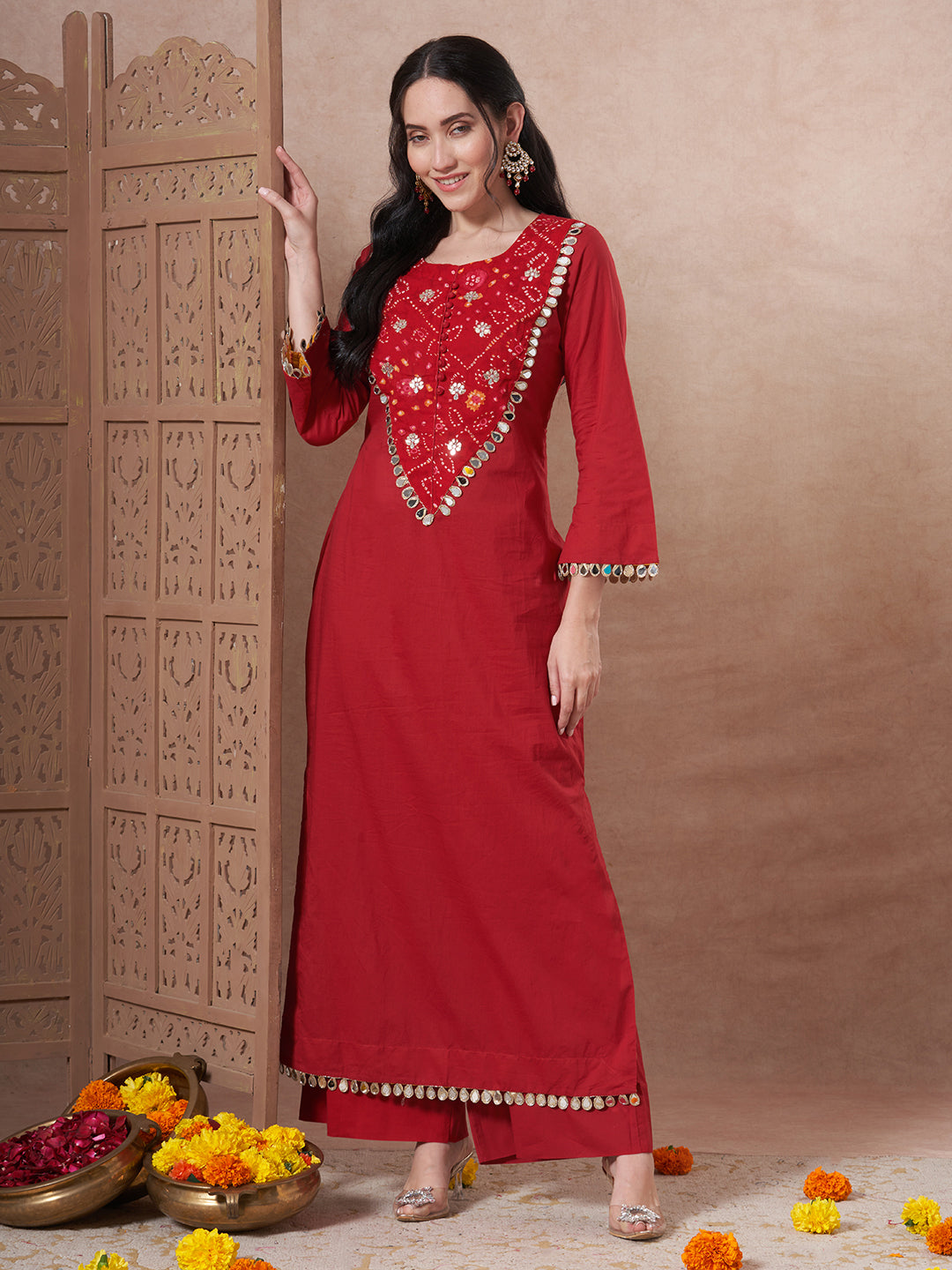 Solid Bandhani Printed Mirror Work A-Line Kurta with Palazzo - Red